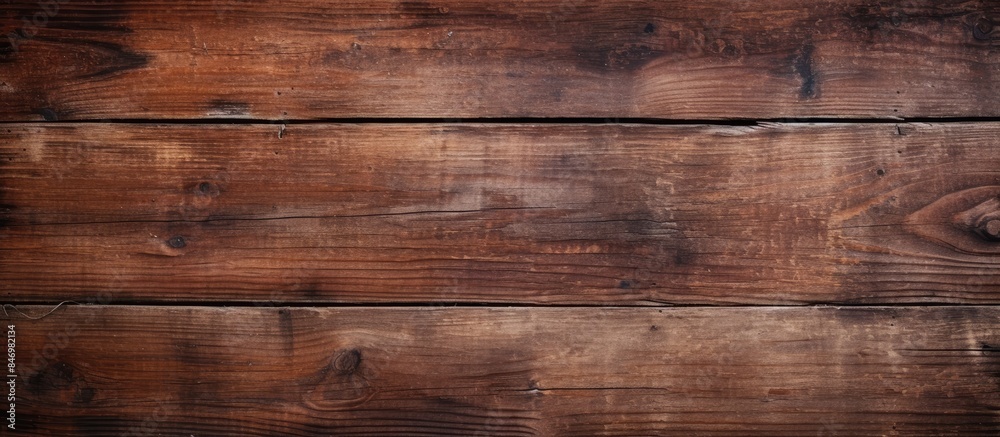 Poster Weathered wood surface with a rustic brown stain, showing an aged and uneven texture pattern in the background. with copy space image. Place for adding text or design