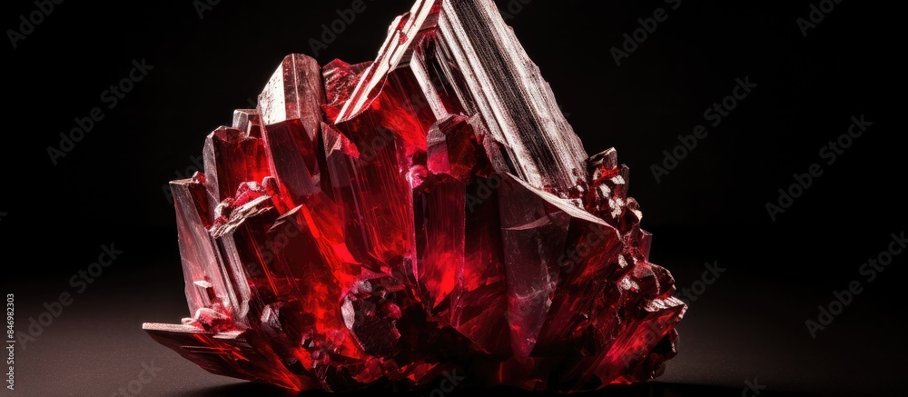 Poster red natural crystal cluster, ideal for industry and jewelry use, set against a black background. wit