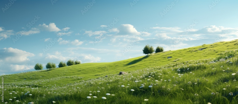 Poster green grass covers the hill in spring, adorned with white flowers and trees on a bright sunny day. w