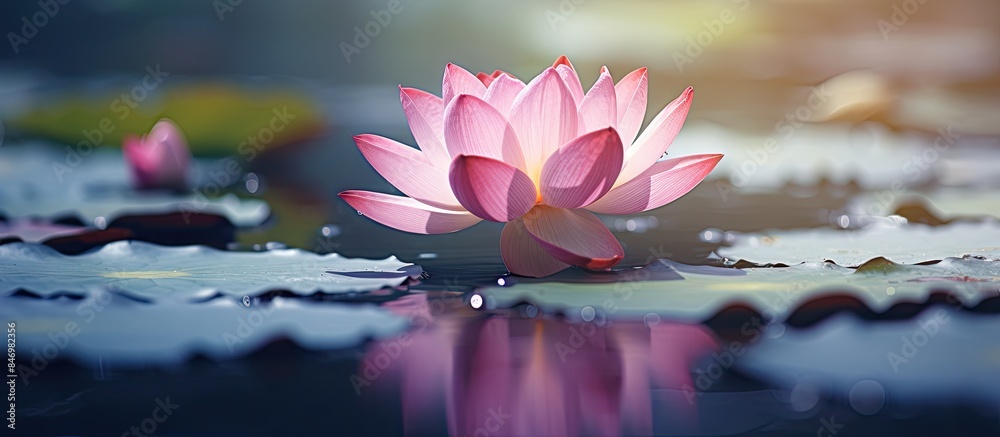 Leinwandbilder blooming pink lotus flower delicately resting on the surface of the water. with copy space image. pl