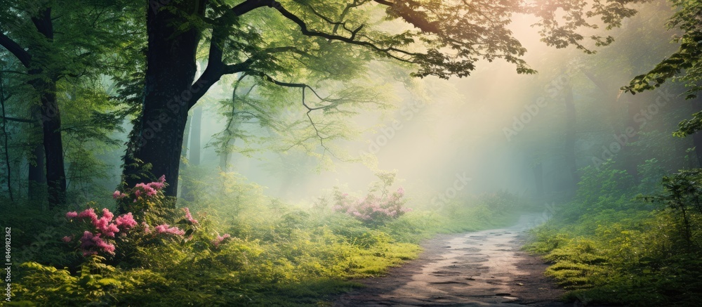 Poster Path meanders amidst misty spring forest with lush greenery and blooming trees. with copy space image. Place for adding text or design