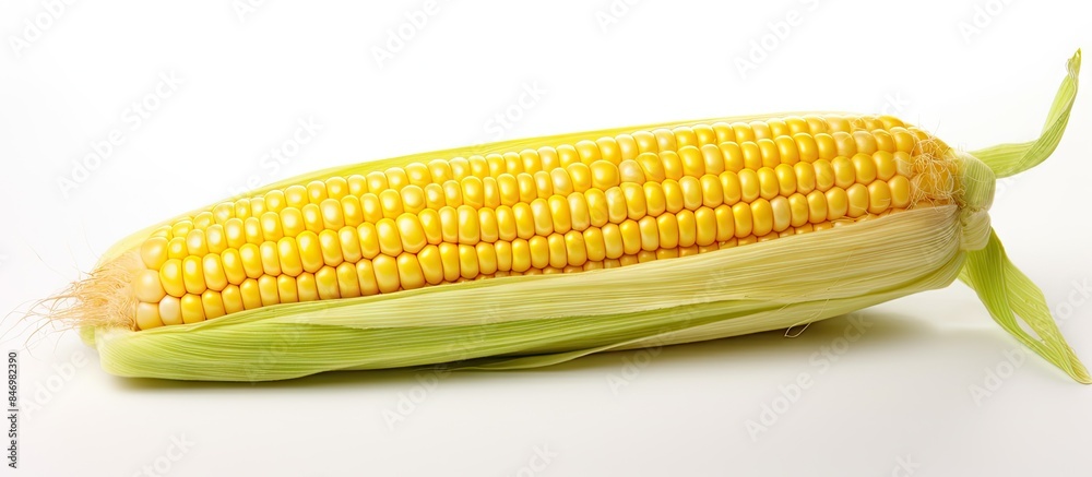 Aufkleber fresh corn cob with green leaf, maize isolated on a clean white background. with copy space image. p