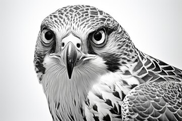 Fototapeta premium A close-up image of a hawk's face in black and white, highlighting its sharp features