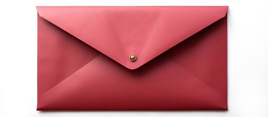 Square paper envelope featuring a red hue and adorned with a shiny gold button, isolated on a white background. with copy space image. Place for adding text or design