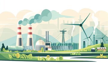 Obraz premium illustration depicting the coexistence of industrial facilities with renewable energy sources, including solar panels and wind turbines, within a scenic landscape.