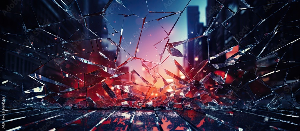 Poster Shards of broken glass scattered in front of a vibrant neon sign. with copy space image. Place for adding text or design