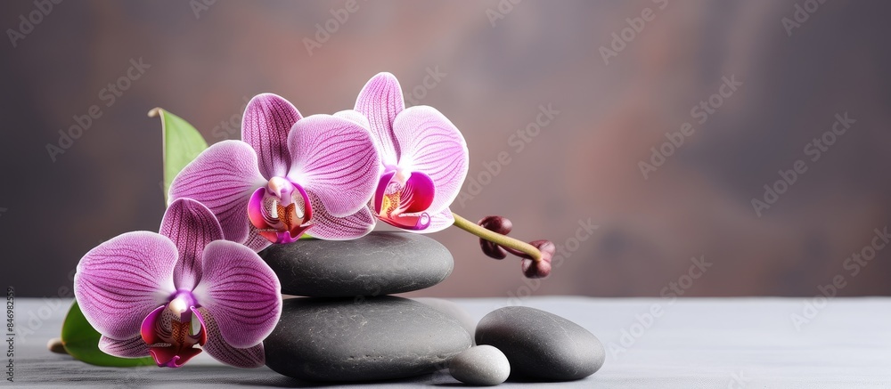 Poster Purple orchids and smooth stones arranged on a table against a brown background, creating a serene spa ambiance. with copy space image. Place for adding text or design