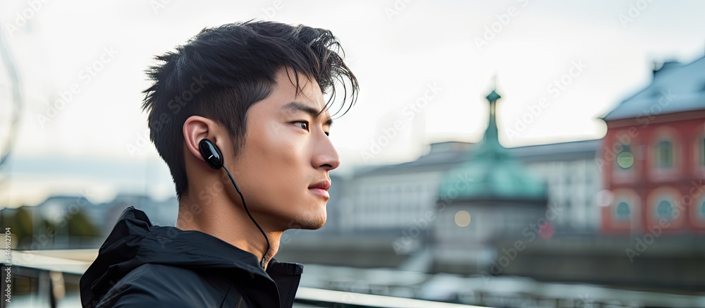 Poster young asian athlete with earbuds looking out at the water in an urban european setting. with copy sp