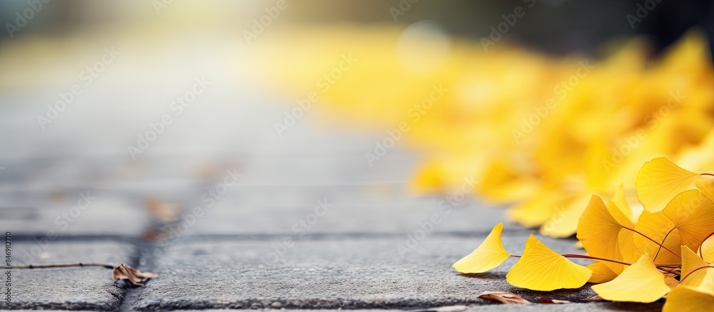 Aufkleber Autumn yellow ginkgo leaves softly covering the concrete road background. with copy space image. Place for adding text or design