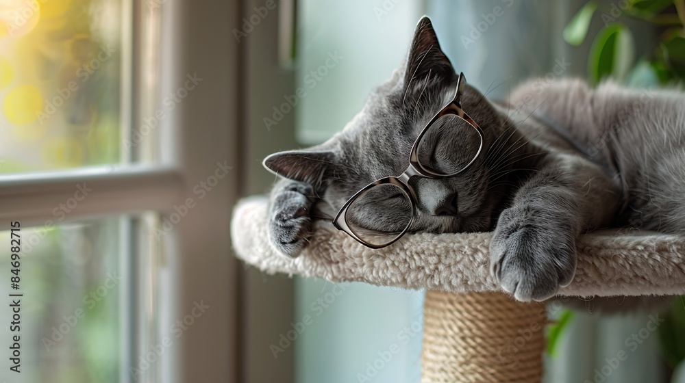 Poster gray cat wearing glasses laying on a cat tree with face looking down with cool pose : generative ai