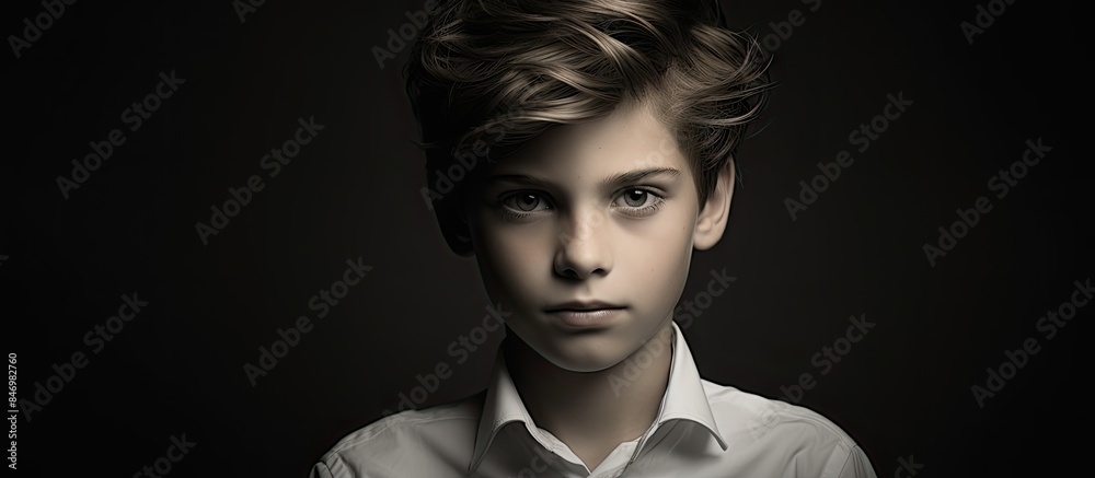 Poster close-up studio portrait of a beautiful young boy in black and white attire. with copy space image. 