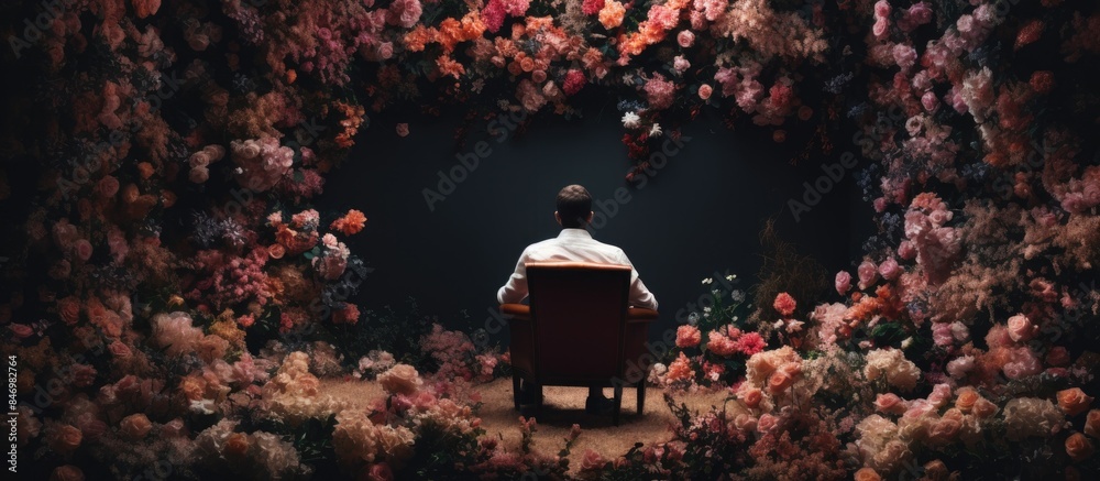 Poster sitting comfortably, a man is surrounded by a vibrant display of colorful flowers as he unwinds in n