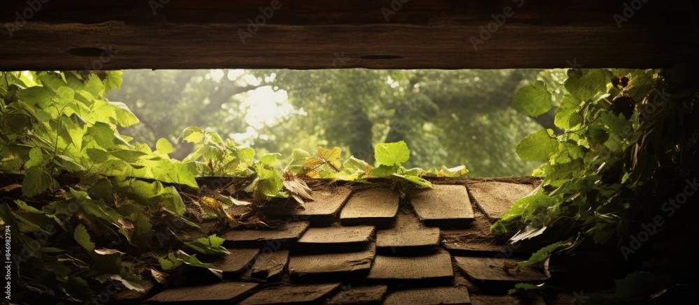 Poster View of a window embedded in a weathered brick wall, adorned by the lush growth of ivy. with copy space image. Place for adding text or design