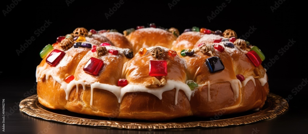 Aufkleber a traditional roscon de reyes, a spanish king's cake adorned with icing and colorful candies. with c