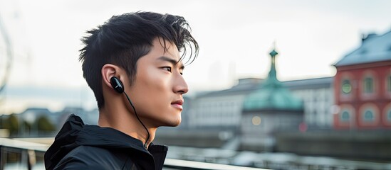 Young Asian athlete with earbuds looking out at the water in an urban European setting. with copy space image. Place for adding text or design