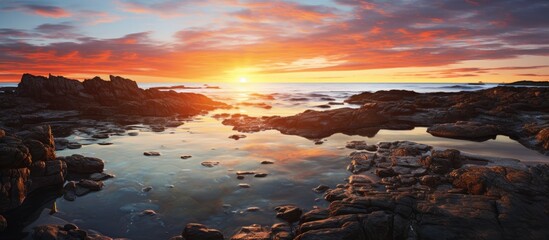 Sunset casting a warm glow over the ocean, illuminating rocks and reflecting on the calm waters below. with copy space image. Place for adding text or design