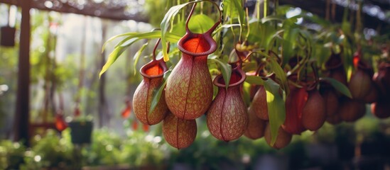 Bunch of pitchers swinging from a tree, Nepenthes Tropical pitcher plants and monkey cups in garden with soft focus on insectivorous plants. with copy space image. Place for adding text or design