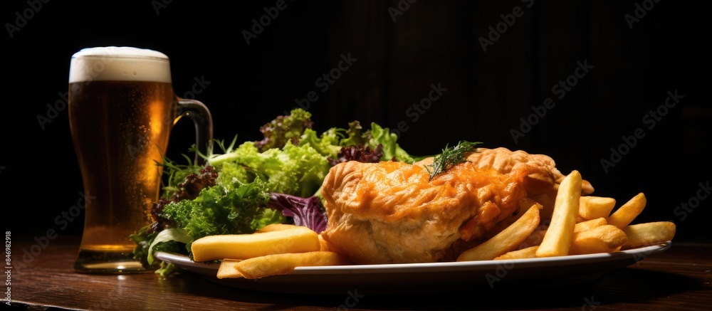 Aufkleber Close-up shot of a plate of food with a side salad and a refreshing beer in a pub setting. with copy space image. Place for adding text or design