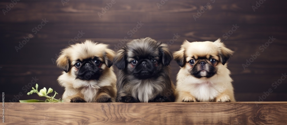 Poster adorable little dogs of the pekingese breed sitting on a wooden table next to a vibrant flower. with