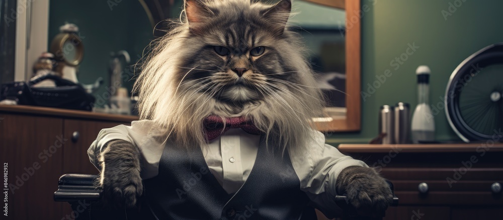 Poster Cat relaxing in a chair wearing a stylish bow tie, looking dapper and sophisticated. with copy space image. Place for adding text or design