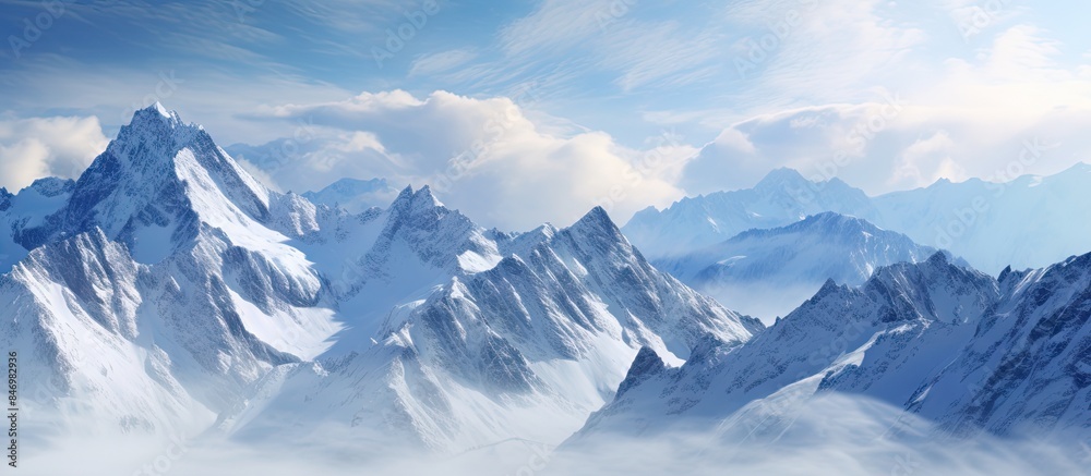 Aufkleber Snow-covered cliffs and towering peaks of the Alps against a backdrop of cloudy skies. with copy space image. Place for adding text or design