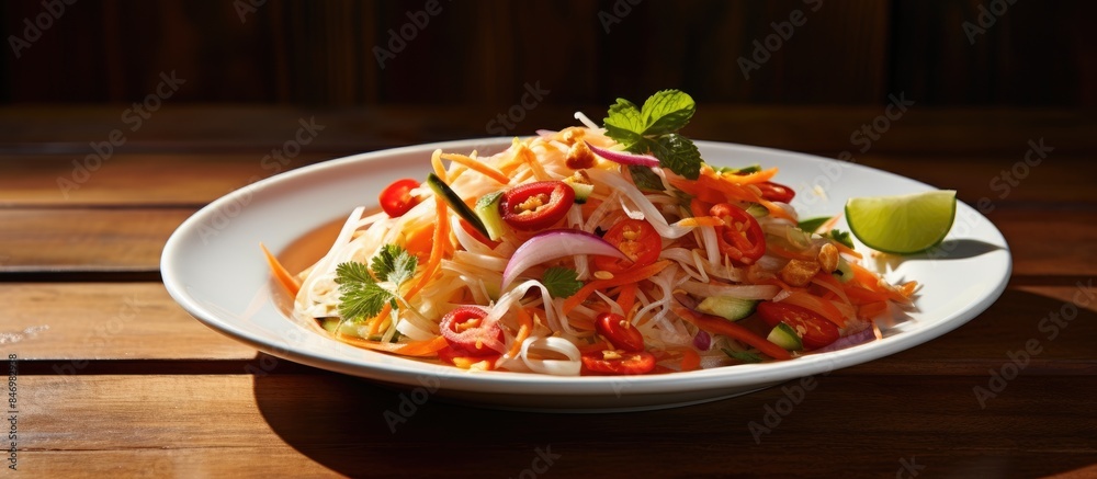 Fototapete Close up view of a plate with food garnished with a lime wedge. with copy space image. Place for adding text or design
