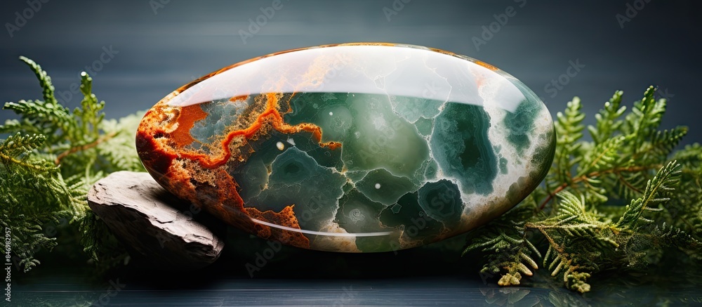 Aufkleber green and orange moss agate, a form of chalcedony, displayed on a rocky surface. with copy space ima