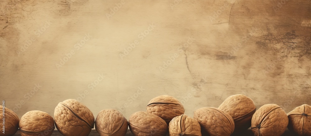 Leinwandbilder multiple walnuts neatly arranged in rows on a flat surface, creating a visually appealing display. with copy space image. Place for adding text or design