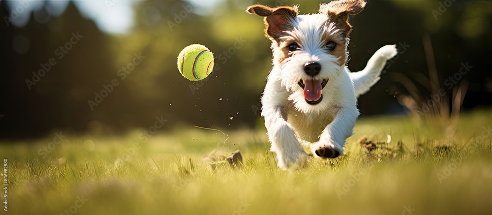 Poster Energetic Parson Russell Terrier adult happily engages in playtime with a soft and cuddly toy. with copy space image. Place for adding text or design