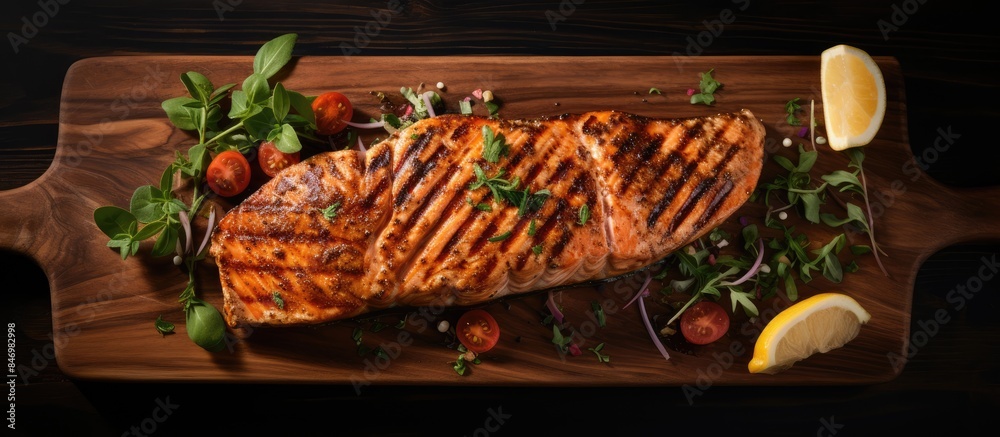 Leinwandbilder Salmon fish steak grilled to perfection with a side of fresh lemon on a wooden cutting board. with copy space image. Place for adding text or design