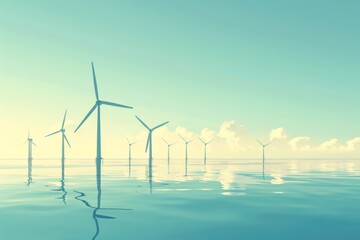 Minimalist offshore wind farm with wind turbines reflecting on the water at sunrise.
