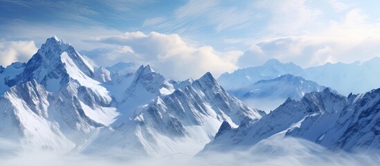 Snow-covered cliffs and towering peaks of the Alps against a backdrop of cloudy skies. with copy...