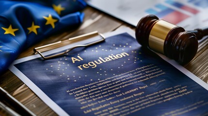 A stack of documentation on a wooden table with written AI regulation, highlighting EU laws and policies aimed at ensuring AI safety and ethical standards in technology development.