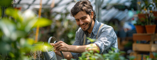 Wide banner image of handsome happy farmer in front of a greenhouse with pretty smile    