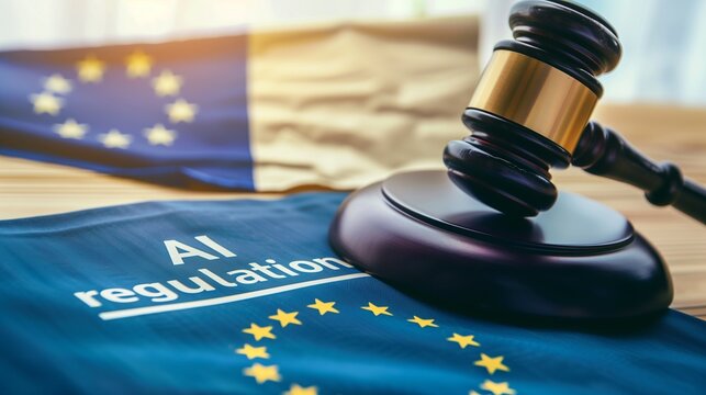 A stack of documentation on a wooden table with written AI regulation, highlighting EU laws and policies aimed at ensuring AI safety and ethical standards in technology development.