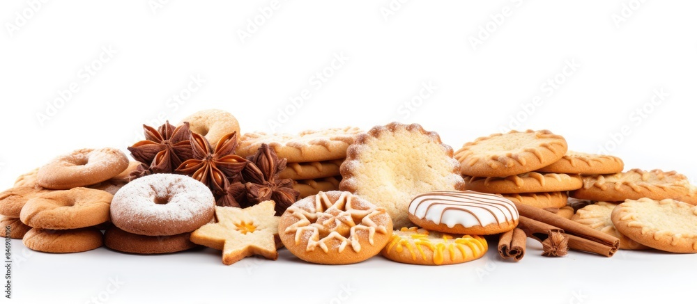 Fototapete Close-up view of a pile of cookies with cinnamon, sweet biscuits on a white background. with copy space image. Place for adding text or design