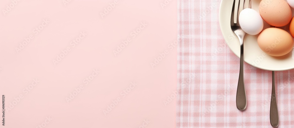 Poster A bowl filled with eggs, paired with a fork and spoon, placed on a pink tablecloth. Plate, utensils, and egg set on pastel pink background for an Easter menu concept. with copy space image