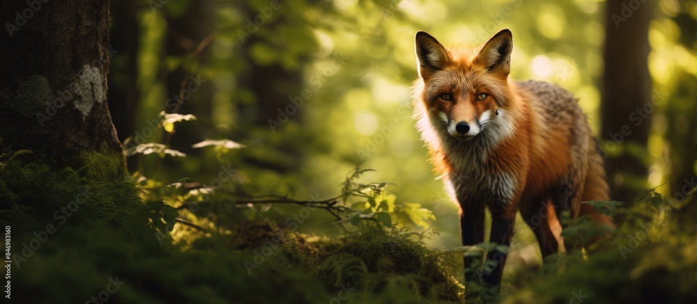 Aufkleber fox of the species vulpes vulpes standing attentively amidst wooded area. with copy space image. pla