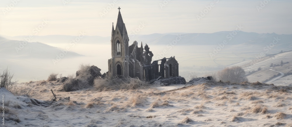 Poster desolate old church stands on snowy hill overlooking a snow-covered landscape with a majestic distan