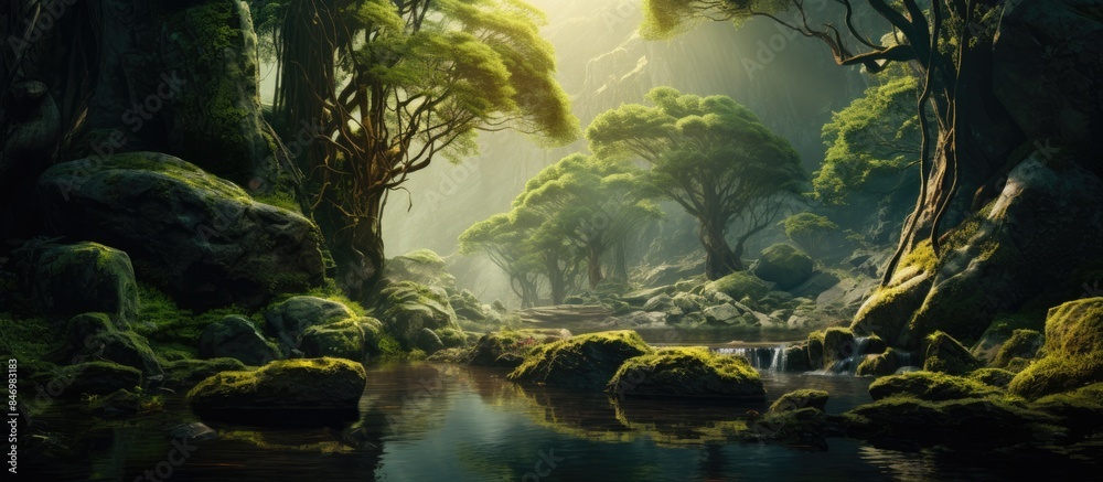 Fototapete Lush green trees surround a serene stream flowing through the heart of the forest. with copy space image. Place for adding text or design