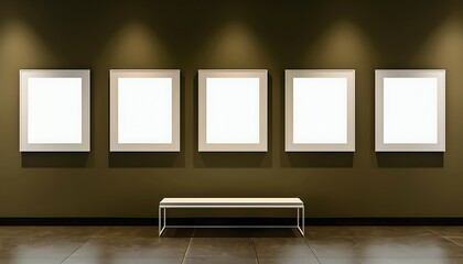 Four white square frames on a dark olive wall, lit by museum LEDs, with a simple metallic bench.