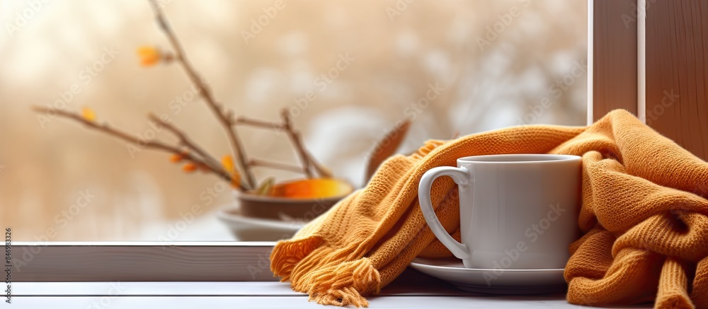 Poster coffee and tea mugs, wrapped in warm scarves, placed on windowsill for comfort and warmth on chilly 