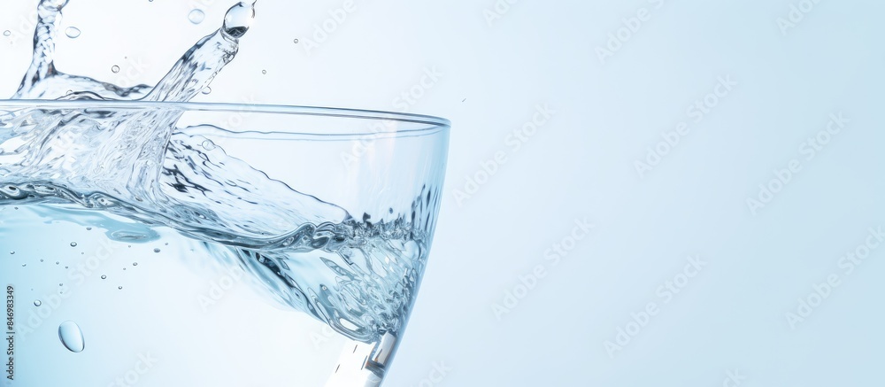 Poster Cold water being poured into a transparent glass placed on a simple white surface. with copy space image. Place for adding text or design