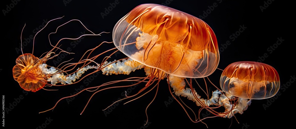 Poster orange nettle jellyfish from monterey bay aquarium gracefully glide in the water, showcasing their t