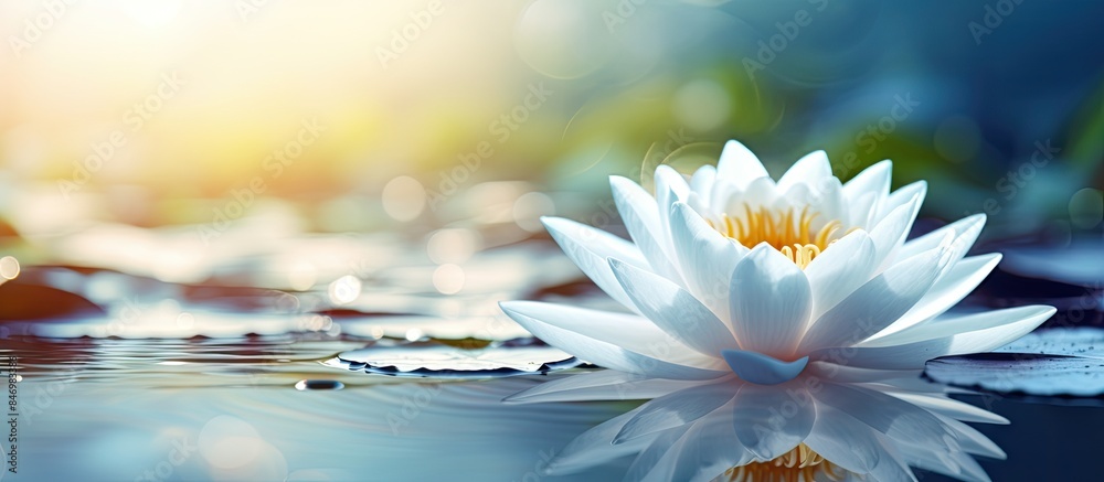Fototapete white lotus emerges above water surface, showcasing its floating beauty in tranquil setting. with co