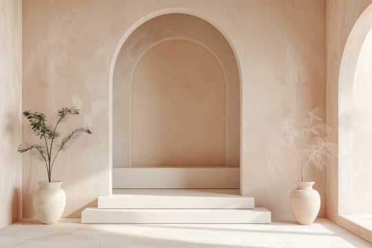 Warmtoned minimalist archway with steps and decorative vases with foliage in a serene interior setting