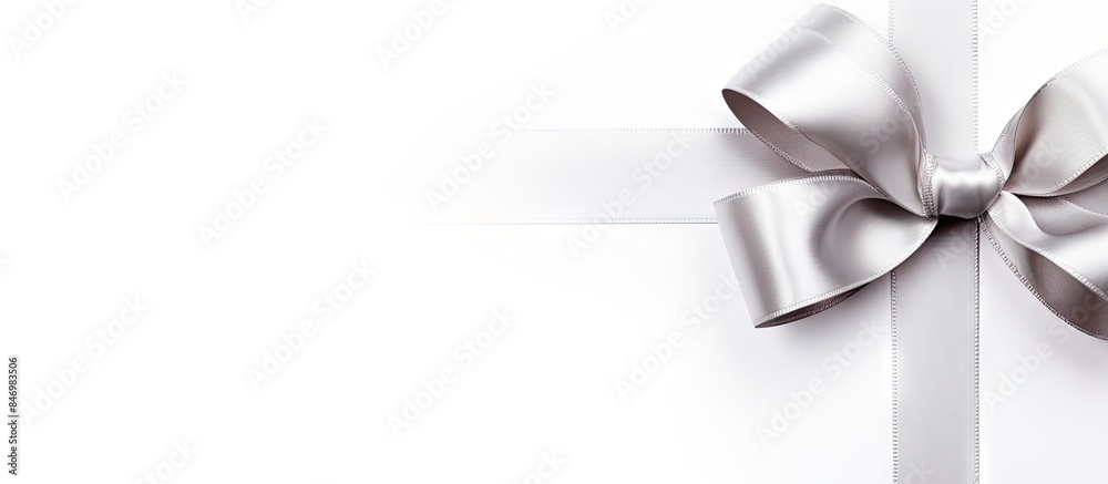 Poster Silver bow on gift box with ribbon, isolated on white background. Perfect for gifting occasions. with copy space image. Place for adding text or design