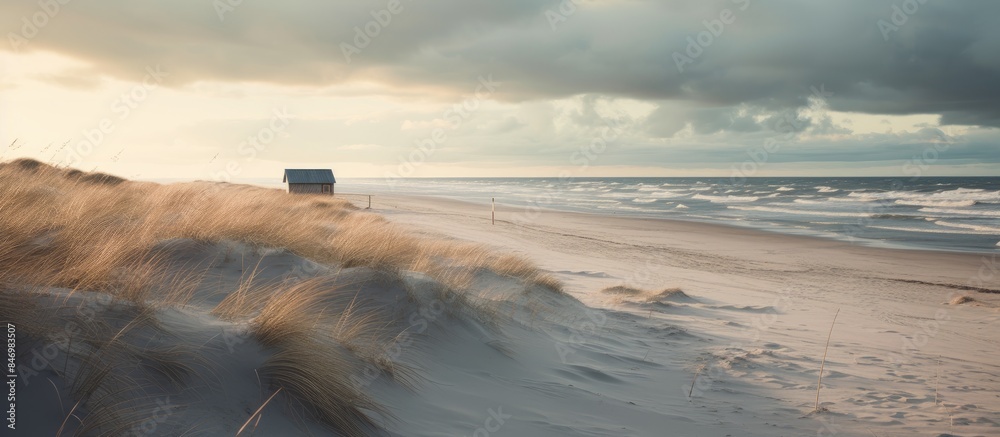 Poster Rustic hut nestled on the sandy dunes along the ocean, creating a serene coastal scene. with copy space image. Place for adding text or design