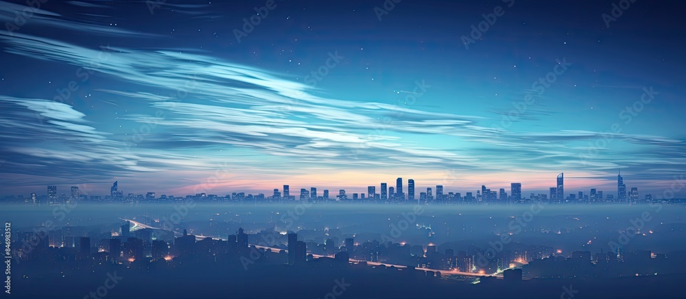 Poster cityscape at night featuring stunning noctilucent clouds hovering above the urban landscape. with co