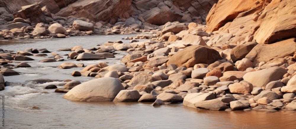 Poster Water stream passing through rugged rocks and sand in a dry riverbed. with copy space image. Place for adding text or design